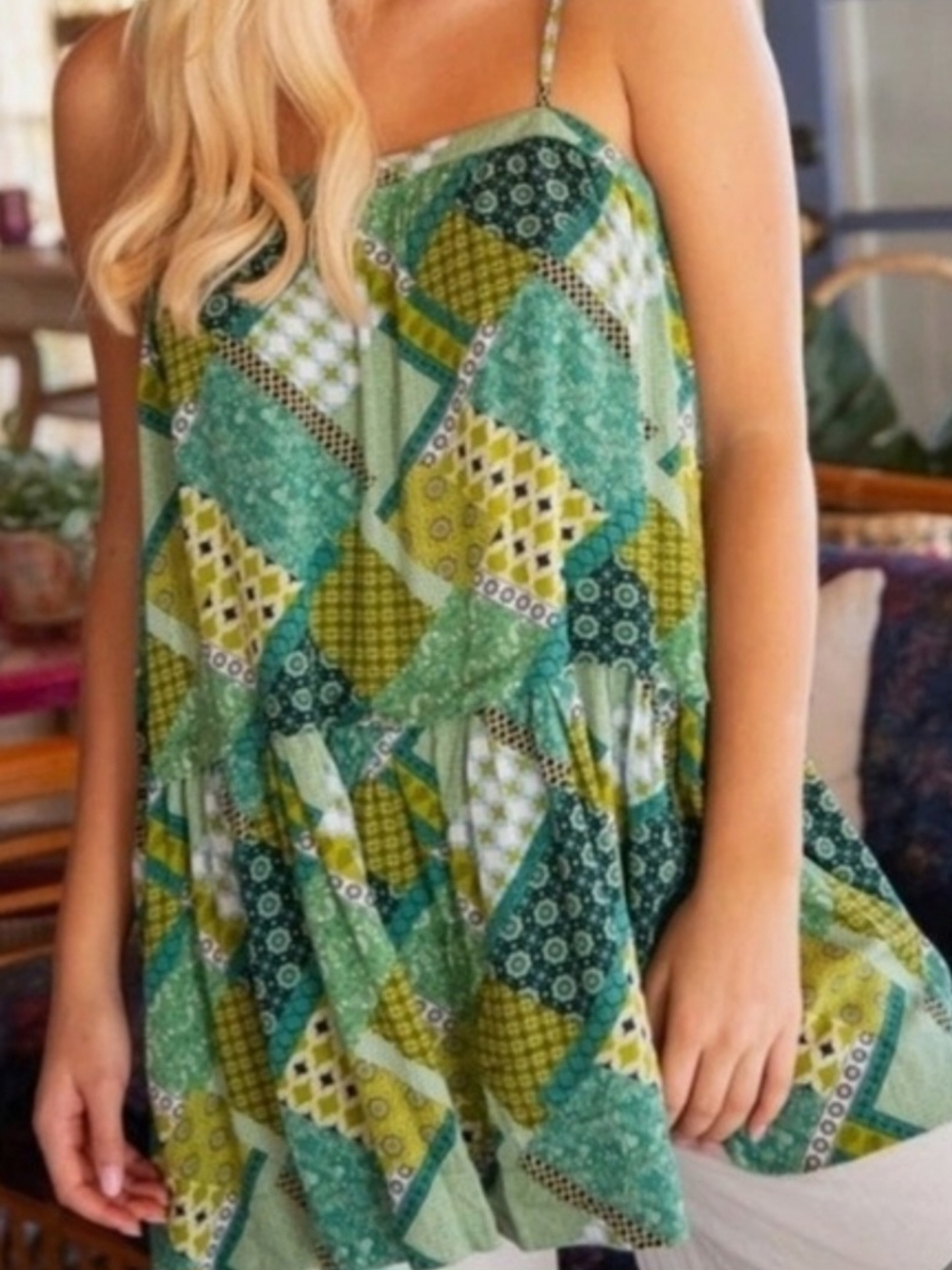 NATURAL LIFE Green Patchwork Swing Boho Top